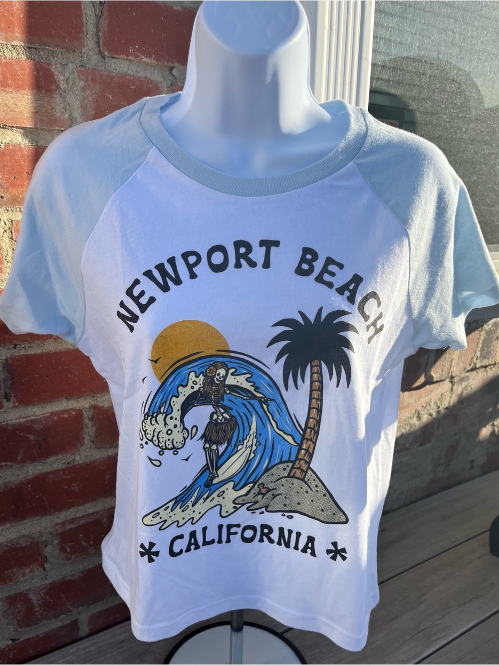 Newport Beach California Graphic Raglan Tee - Light Blue/White